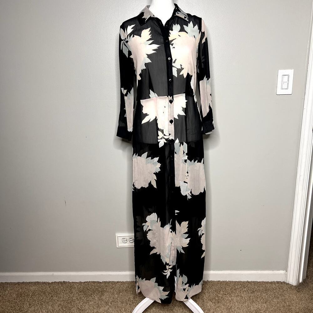 River Island Printed Sheer Maxi Dress Kaftan Size 10 Button Front